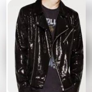 Black Glam Stretch Sequin Moto Biker Jacket Hersey Lined Bloggers M